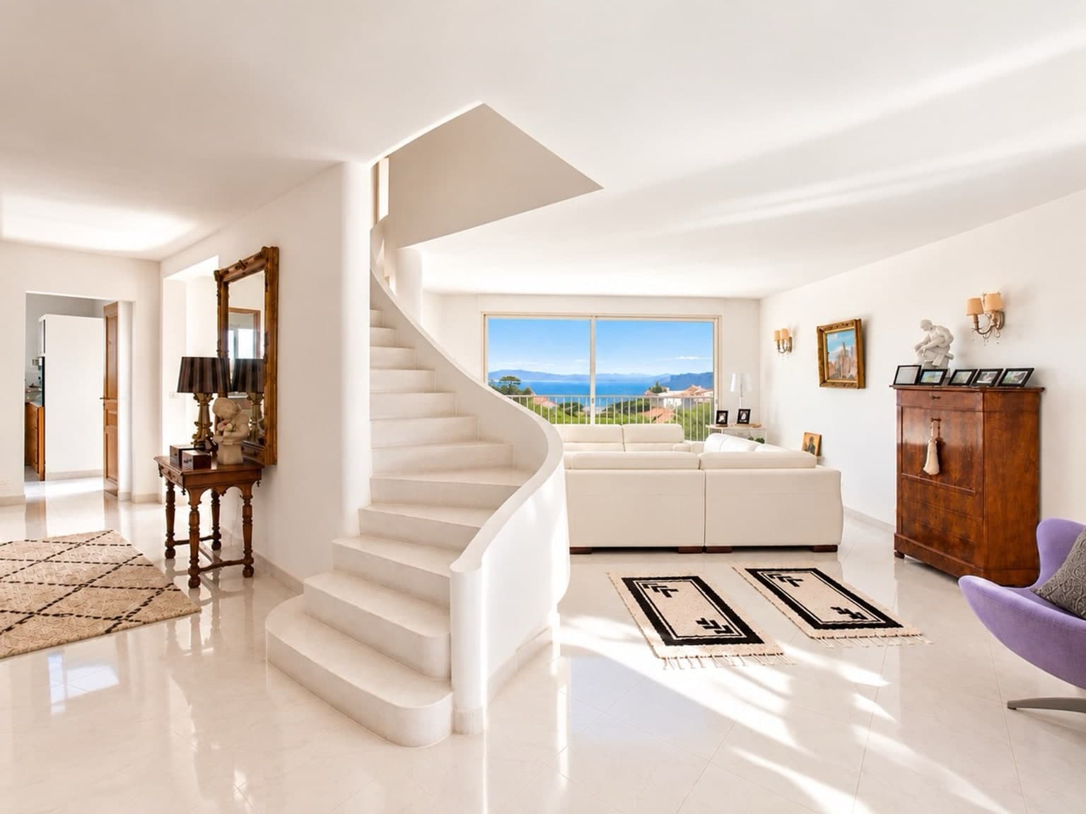 Pièce de vie du duplex et escalier intérieur aux courbes sculpturales