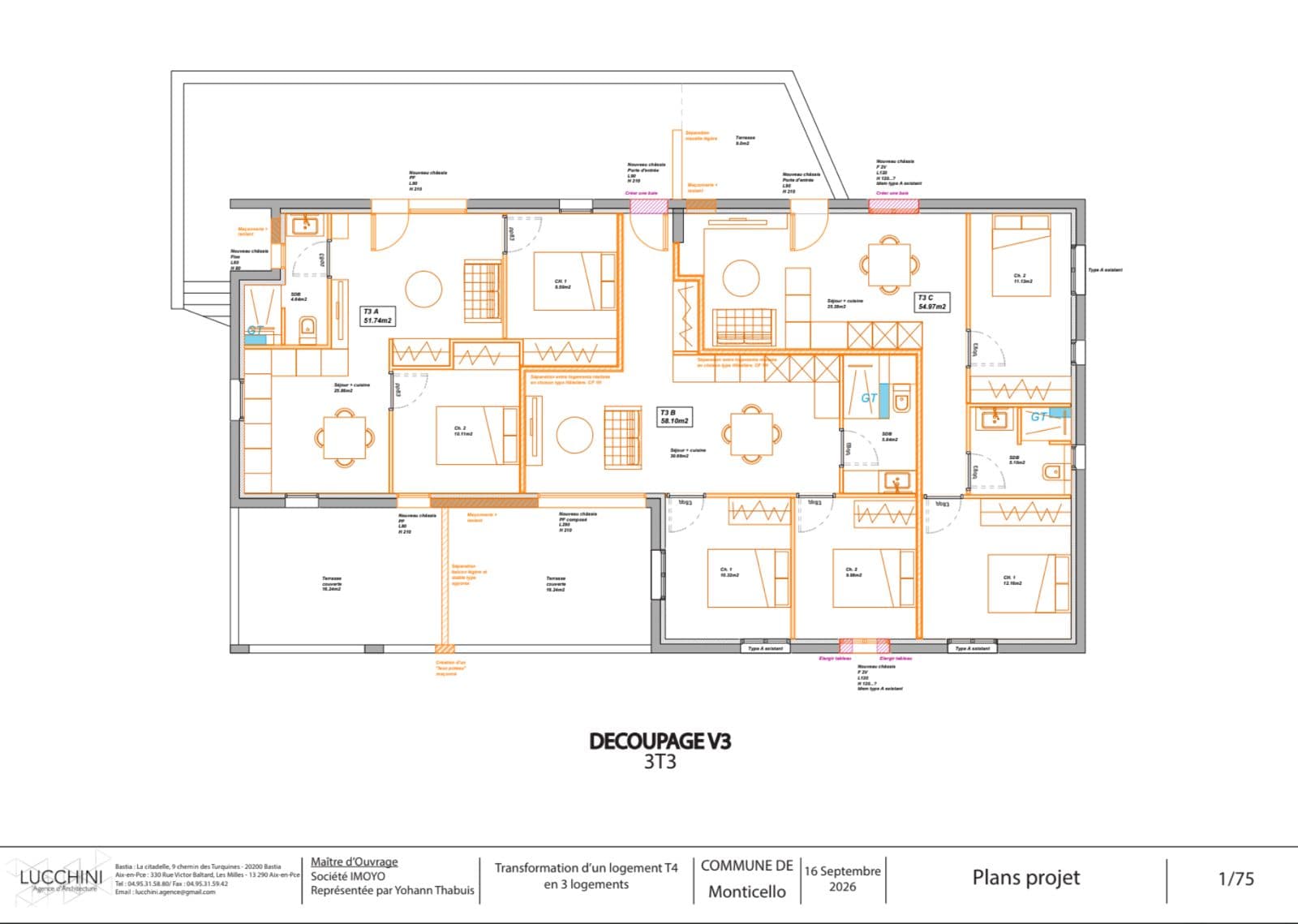Plan de découpage d’architecte à Résidence Palumbare, lot A à gauche, lot B au centre, lot C à droite