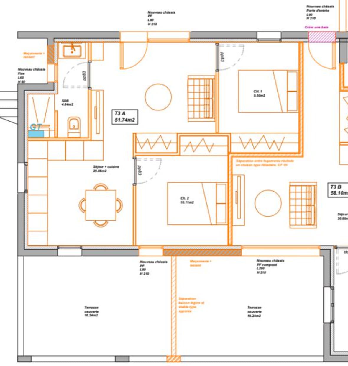 Extrait du plan d’architecte du lot A, montrant les deux chambres, le séjour-cuisine et la terrasse couverte