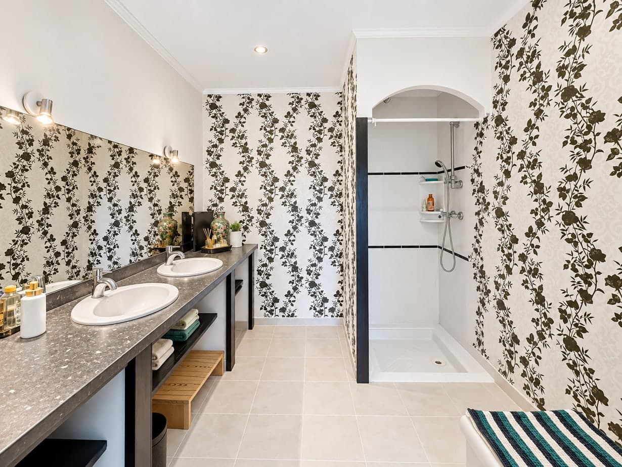 Salle d’eau avec double vasque et douche