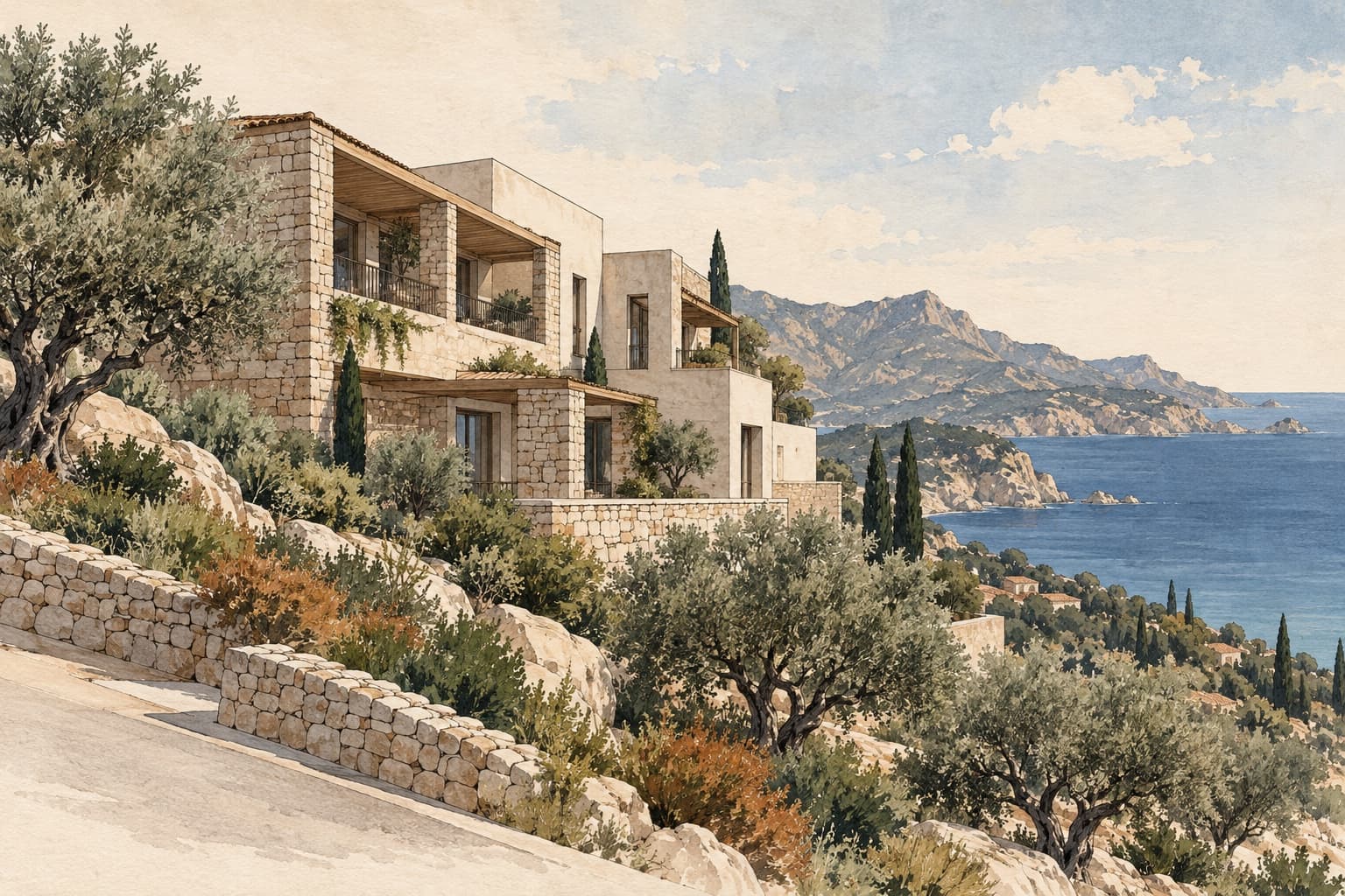 Illustration générée d’une architecture touristique fictive en Corse
