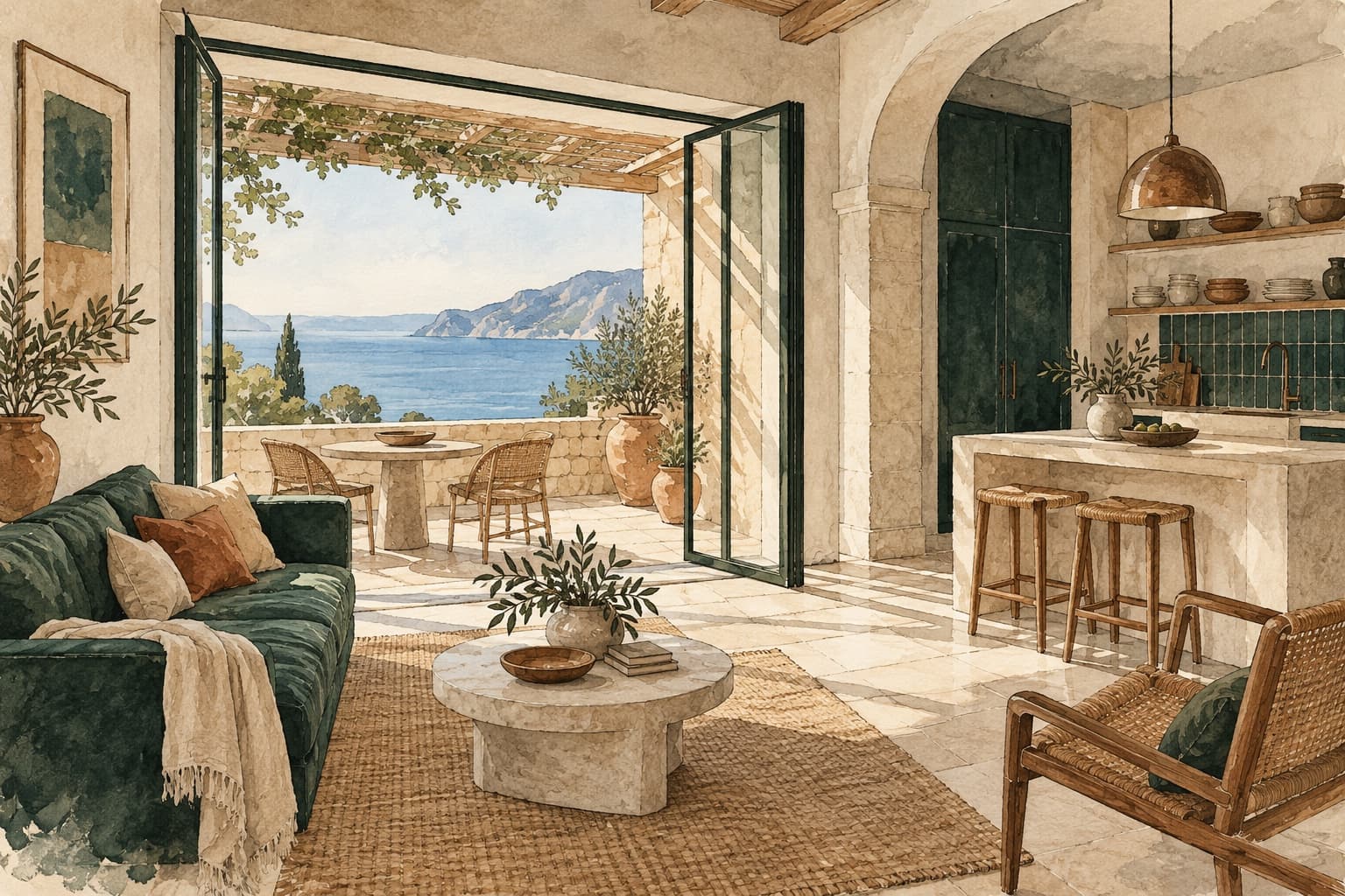 Illustration générée d’un intérieur méditerranéen fictif