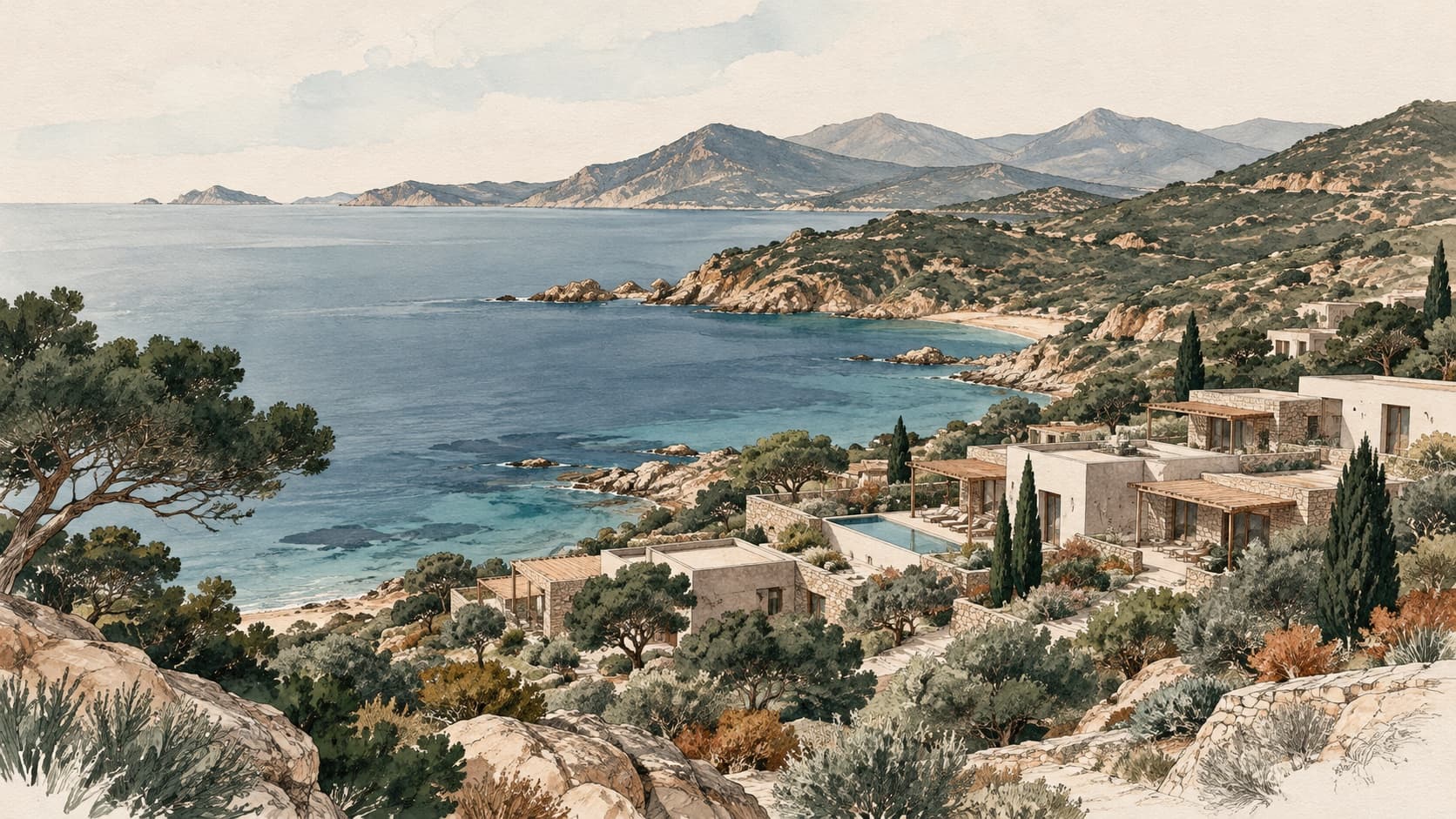Illustration générée d’une résidence de tourisme fictive sur un littoral méditerranéen